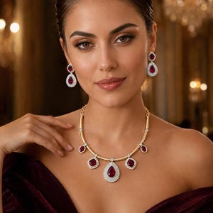 May include: A gold-toned necklace featuring five teardrop-shaped red stones surrounded by small clear crystals, with matching teardrop-shaped red stone earrings. The jewelry set is displayed against a dark background with the text LakeFront Glams.