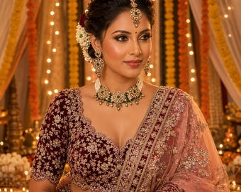 Kundan-Perlen-Choker-Brautset | Smaragdgrüne Polki-Halskette und Ohrringe Maang Tikka
