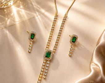 Tennis-Halskette und Ohrringe mit smaragdgrünen Zirkonia | Brautschmuck in Goldoptik, Hochzeitsgeschenk