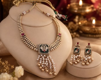 Antik Gold Meenakari Choker Halsketten Set | Perle Quaste indischer Brautschmuck