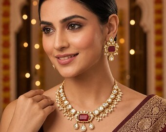 Kundan Polki Rubin-Choker-Set mit Halskette und Ohrringen | Indischer Brautschmuck in Gold | Perlenohrring-Stil