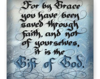 Ephesians 2:8 Scripture Calligraphy Canvas | Grace Through Faith  - Gift of God Wall Art