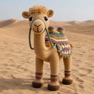 Puede incluir: Un juguete de camello tejido a ganchillo con cuerpo marrón, adornado con una colorida silla de montar y bandas en las patas. El camello tiene ojos grandes y expresivos y un cabestro verde. El fondo muestra un paisaje desértico.