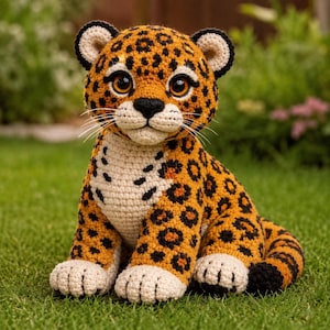 May include: A crocheted leopard cub with orange, black, and cream colors, sitting on green grass. The handmade stuffed animal has black spots, a cream-colored belly, and large, expressive eyes. The cub's ears and paws are detailed with black accents.