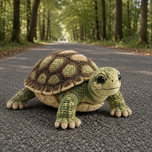Puede incluir: Una tortuga de ganchillo hecha a mano con caparazón verde y marrón, cuerpo verde claro y ojos negros. La tortuga está colocada en una carretera con un fondo borroso de árboles, creando una escena caprichosa.