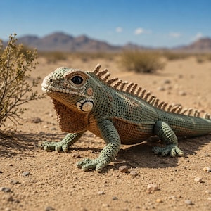 Puede incluir: Un iguana de ganchillo en tonos verdes, marrones y beige, posando sobre una superficie arenosa. El reptil hecho a mano presenta escamas detalladas, una cresta dorsal espinosa y ojos realistas. El fondo muestra un paisaje desértico con montañas y cielo azul.