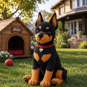 May include: A crocheted dog with black and tan coloring, wearing a red collar with a gold heart charm. The dog is sitting on green grass next to a wooden dog house with the name "MAX" on it. A red ball is also on the grass.