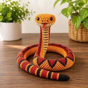 May include: A crocheted snake toy in shades of orange, red, and black. The snake has a detailed head with black eyes and a red tongue. The body features a repeating pattern of black and red triangles. The tail is black.