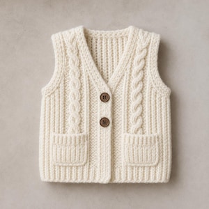 May include: Cream-colored knitted vest with a V-neck and two pockets. The vest features a cable knit design on the front and two brown buttons for closure. A cozy and stylish garment.