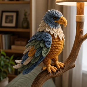 Pode incluir: Uma escultura de águia de crochê artesanal com cabeça azul, bico castanho e asas multicoloridas. A ave está pousada num galho de madeira, mostrando o trabalho detalhado de crochê e cores vibrantes. Um item decorativo único.