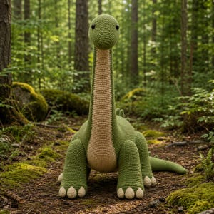 May include: A large, green crocheted dinosaur toy with a long neck and a tan belly and neck. The dinosaur has small, black eyes and is standing on a forest floor. The toy is approximately 76 cm tall.