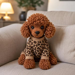Op de afbeelding: Een gehaakte bruine poedel met krullend haar, gekleed in een beige en zwarte luipaardprint trui. De hond zit op een beige bank, met een zacht, getextureerd uiterlijk.