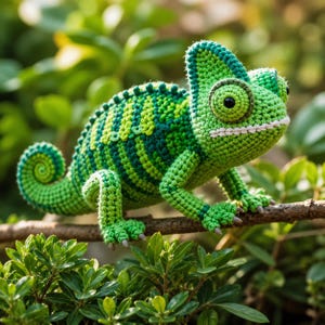 May include: A handmade crochet chameleon in shades of green, perched on a brown branch. The reptile features detailed stitching, a curled tail, and large, expressive eyes. The background is a blur of green foliage.