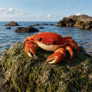 May include: A crocheted crab toy with a smiling face, orange shell, and cream-colored claws. The crab is sitting on a moss-covered rock near the ocean. The crab's eyes are black, and it has a happy expression.