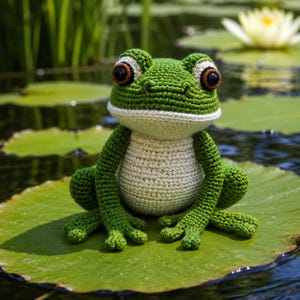 May include: A handmade crochet frog with large brown and white eyes, sitting on a lily pad. The frog is green with a white belly and a white stripe around its head. The background shows water and other lily pads.