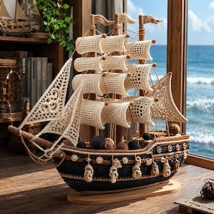 Peut inclure: Maquette de voilier au crochet, avec des voiles crème et une coque noire et marron. Le modèle est présenté sur une base en bois, évoquant un thème nautique. L'arrière-plan montre une fenêtre avec vue sur la mer. Objet décoratif.