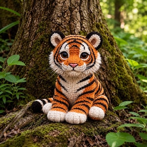 Può includere: Un cucciolo di tigre all'uncinetto con strisce arancioni e nere, dettagli bianchi e grandi occhi espressivi. Il peluche fatto a mano è seduto in un ambiente forestale, con un tronco d'albero sullo sfondo.