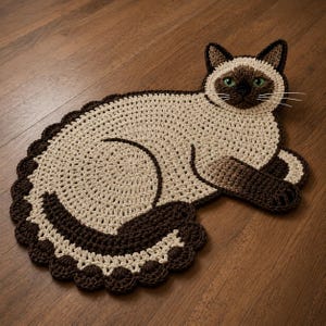 May include: A crocheted cat-shaped rug in shades of brown and beige. The rug features a detailed design with a scalloped edge and a Siamese cat face with green eyes. The cat's body is beige, with brown accents and a curled tail.
