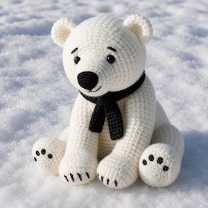 May include: A handmade, white crochet polar bear with a black scarf. The bear has black eyes, a black nose, and black paw pads. The bear is sitting in the snow.