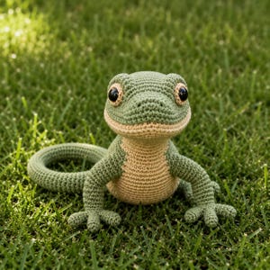 Puede incluir: Un lagarto de ganchillo hecho a mano en tonos verdes y beige, con grandes ojos negros, sobre hierba verde. El reptil hecho a mano presenta costuras detalladas y una expresión amigable. Un juguete artesanal caprichoso, ideal para niños.
