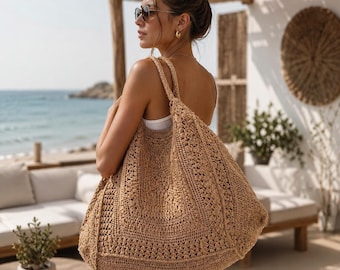 Oversized Crochet Beach Bag | Handmade Boho Woven Shoulder Tote, Summer Market Handbag