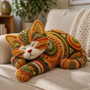 May include: A crocheted cat-shaped pillow in shades of orange, green, and yellow, resting on a beige sofa. The cat has closed eyes, a red nose, and white face. The pillow features intricate crochet patterns and textures, creating a cozy and decorative item.