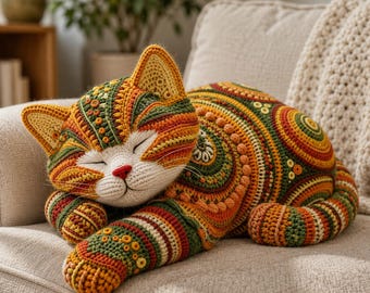 Handmade Crochet Cat Plush Pillow | Colorful Boho Amigurumi Sleeping Cat Home Decor