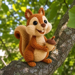 May include: A crocheted squirrel figurine in shades of brown and tan, holding a brown acorn. The squirrel has a smiling expression and is perched on a tree branch against a blurred green background. The squirrel's tail is curled.