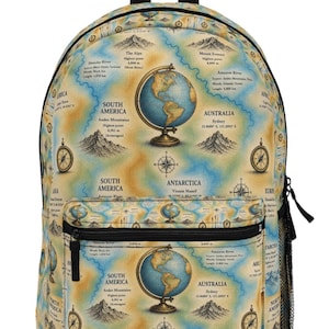 May include: A backpack featuring a vintage-style map print with illustrations of globes, compasses, and mountain ranges. The design includes text detailing geographical facts about continents, rivers, and mountains, set against a tan and blue background.