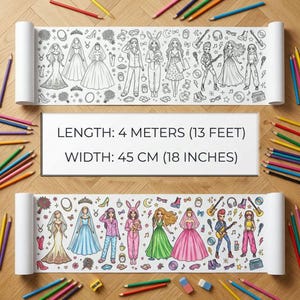 Puede incluir: Un largo rollo de papel para colorear con dibujos de líneas en blanco y negro de varios personajes y accesorios, con una versión coloreada debajo. El texto indica: LENGTH: 4 METERS (13 FEET), WIDTH: 45 CM (18 INCHES). Lápices de colores rodean el papel.