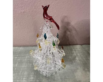 VINTAGE HAND BLOWN Spun Christmas Tree With Cardinal On Top 4.5" 1960's