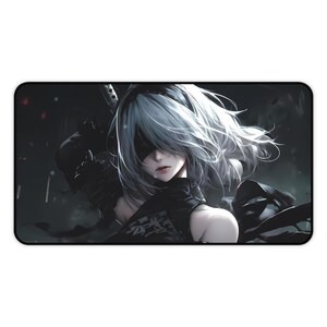 Anime Girl Desk Mat, White Hair Android Warrior, Dark Gaming Mousepad
