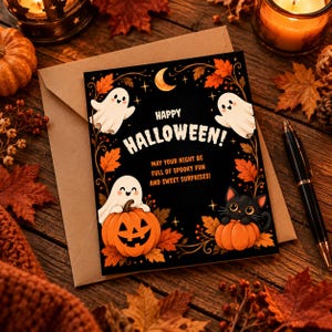Puede incluir: Una tarjeta de felicitación rectangular con fondo negro que muestra tres fantasmas blancos, dos calabazas naranjas y un gato negro. El texto dice Happy Halloween, May your night be full of spooky fun and sweet surprises. Hojas de otoño naranjas enmarcan el diseño.