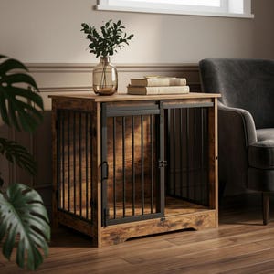 Barn Door Dog Crate Furniture, Wooden Pet Kennel End Table, Indoor Dog House for Small and Medium Breeds, Modern Rustic Pet Decor