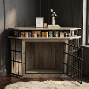 Corner Dog Crate Furniture with Display Shelves, Large Wooden Pet Kennel TV Stand, Indoor Wood Dog House, Heavy Duty Decorative Cage