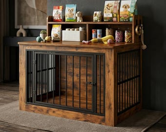 Wooden Dog Crate Furniture with Storage Hooks, Heavy Duty Pet Kennel End Table, Decorative Indoor Dog House, Metal Wire Cage