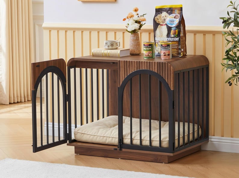 Mid-Century Modern Dog Crate Furniture, Fluted Wooden Pet Kennel, Heavy Duty Indoor Dog House, Decorative End Table for Small to Medium Dogs image 8