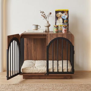 Mid-Century Modern Dog Crate Furniture, Fluted Wooden Pet Kennel, Heavy Duty Indoor Dog House, Decorative End Table for Small to Medium Dogs image 5
