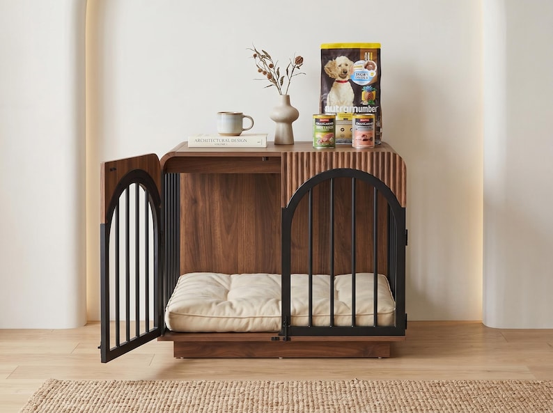 Mid-Century Modern Dog Crate Furniture, Fluted Wooden Pet Kennel, Heavy Duty Indoor Dog House, Decorative End Table for Small to Medium Dogs image 5