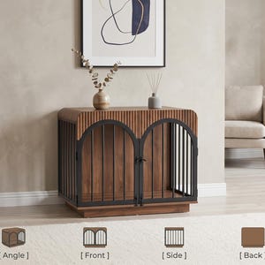 May include: A wooden pet crate featuring a dark walnut finish with vertical fluted detailing on the top and sides. The front includes two arched doors with black metal bars and a central latch. Four small icons at the bottom show angle, front, side, and back views.