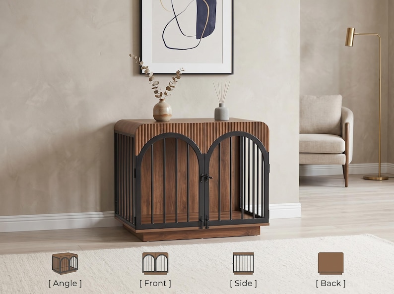 May include: A wooden pet crate featuring a dark walnut finish with vertical fluted detailing on the top and sides. The front includes two arched doors with black metal bars and a central latch. Four small icons at the bottom show angle, front, side, and back views.