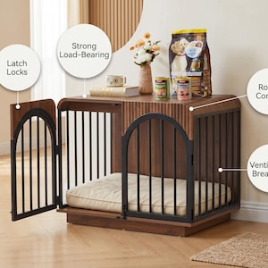 May include: A wooden dog crate with a dark brown finish, featuring black metal bars, an arched door with latch locks, and rounded corners. The structure is ventilated and breathable, with a beige cushion inside and a flat top surface.