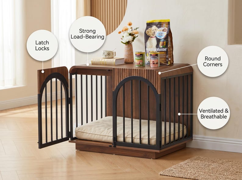 May include: A wooden dog crate with a dark brown finish, featuring black metal bars, an arched door with latch locks, and rounded corners. The structure is ventilated and breathable, with a beige cushion inside and a flat top surface.