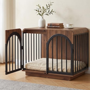 May include: A wooden pet crate with a dark walnut finish, featuring black metal vertical bars and an arched door design. The interior contains a rectangular beige cushion. The top surface is flat with a fluted side panel detail.