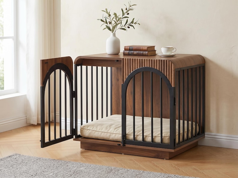 May include: A wooden pet crate with a dark walnut finish, featuring black metal vertical bars and an arched door design. The interior contains a rectangular beige cushion. The top surface is flat with a fluted side panel detail.