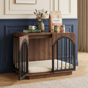 Mid-Century Modern Dog Crate Furniture, Fluted Wooden Pet Kennel, Heavy Duty Indoor Dog House, Decorative End Table for Small to Medium Dogs image 11