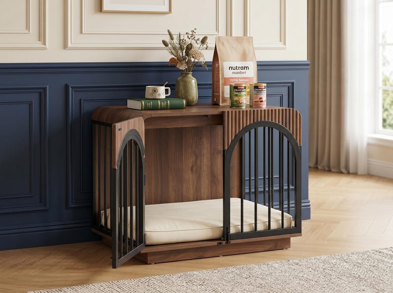 Mid-Century Modern Dog Crate Furniture, Fluted Wooden Pet Kennel, Heavy Duty Indoor Dog House, Decorative End Table for Small to Medium Dogs image 11