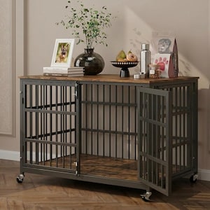 Heavy Duty Wooden Dog Crate Furniture, Escape-Proof Indoor Pet Kennel for Large Dogs, Modern Wood End Table and TV Stand Dog House