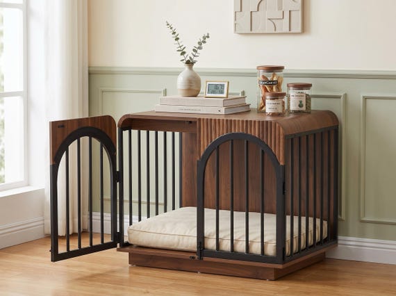 Mid-Century Modern Dog Crate Furniture, Fluted Wooden Pet Kennel, Heavy Duty Indoor Dog House, Decorative End Table for Small to Medium Dogs