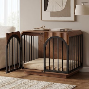 May include: A rectangular pet crate made of dark brown wood with vertical slats and a black metal arched front gate. The crate features a flat top surface, a hinged door that opens outward, and a beige rectangular cushion placed inside the base.